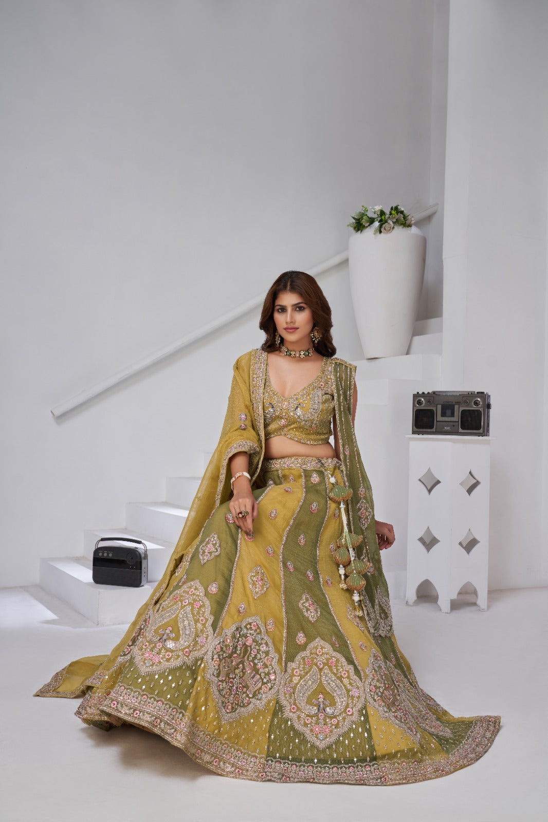 Mustard Olive Designer Lehenga with Heavy Embroidery