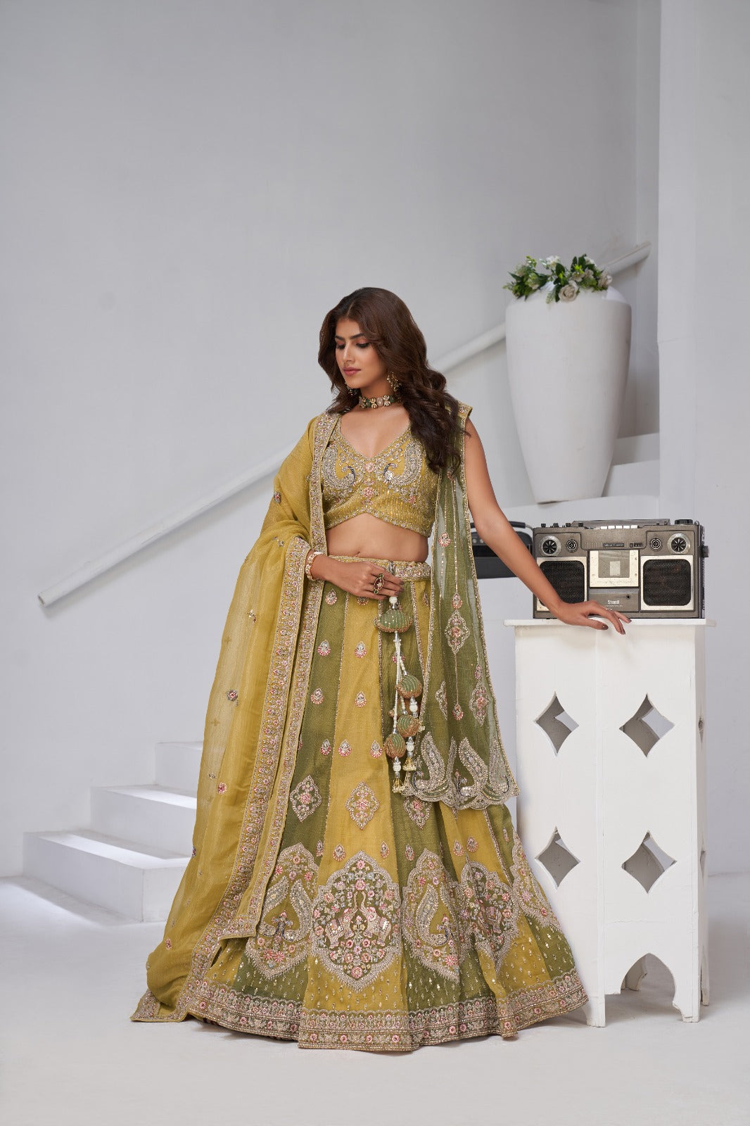 Mustard Olive Designer Lehenga with Heavy Embroidery