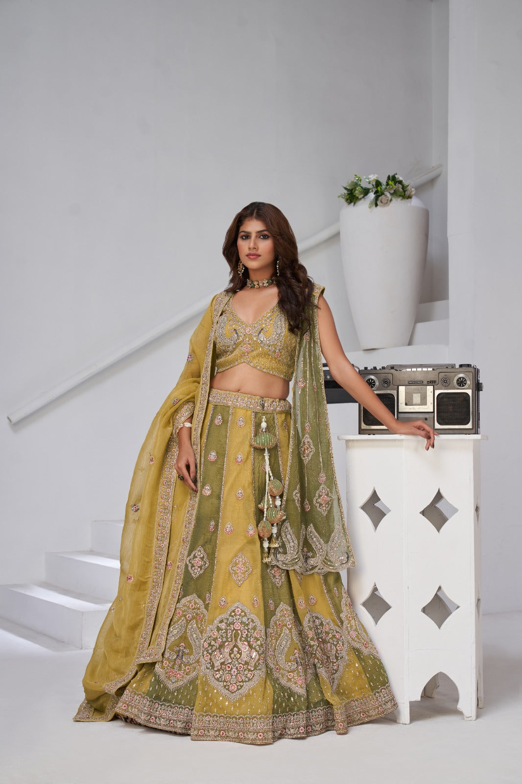Mustard Olive Designer Lehenga with Heavy Embroidery