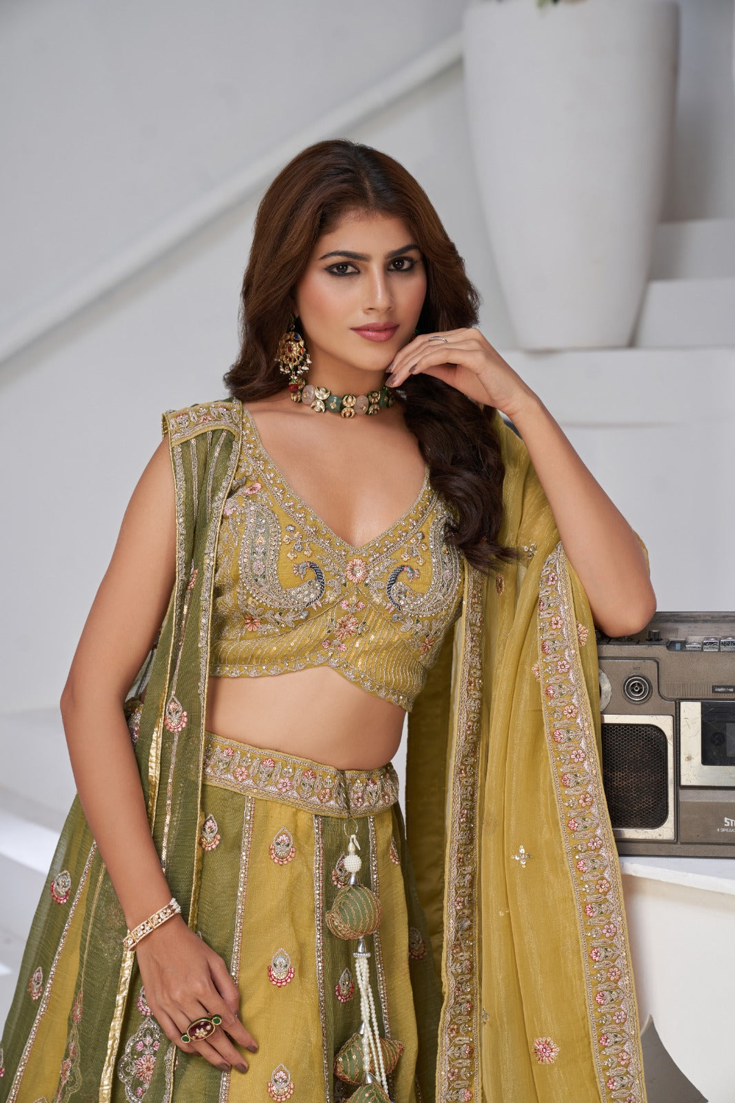 Mustard Olive Designer Lehenga with Heavy Embroidery