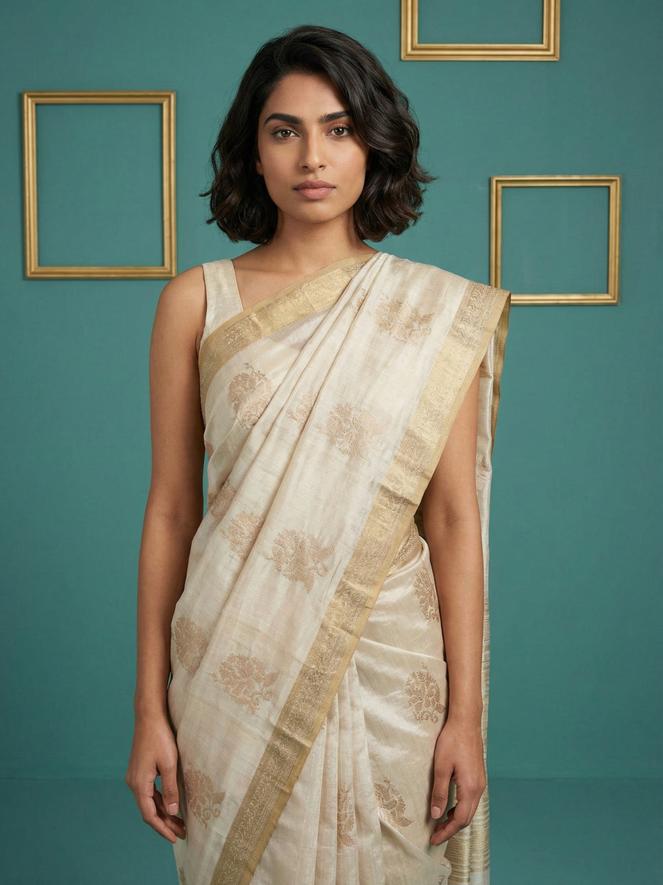 Chickoo Pure Tussar Silk Cross Stitch Embroidered Saree 