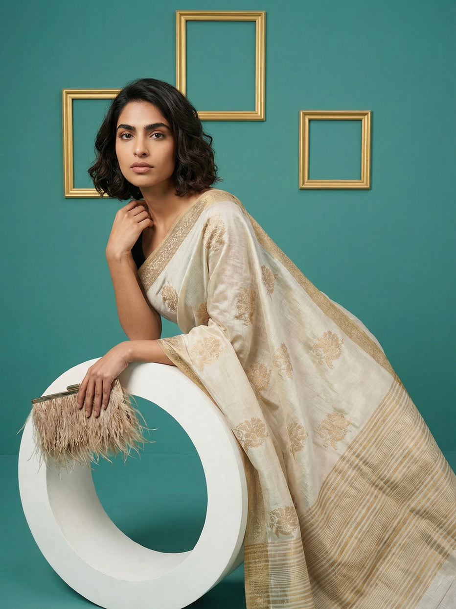 Chickoo Pure Tussar Silk Cross Stitch Embroidered Saree 