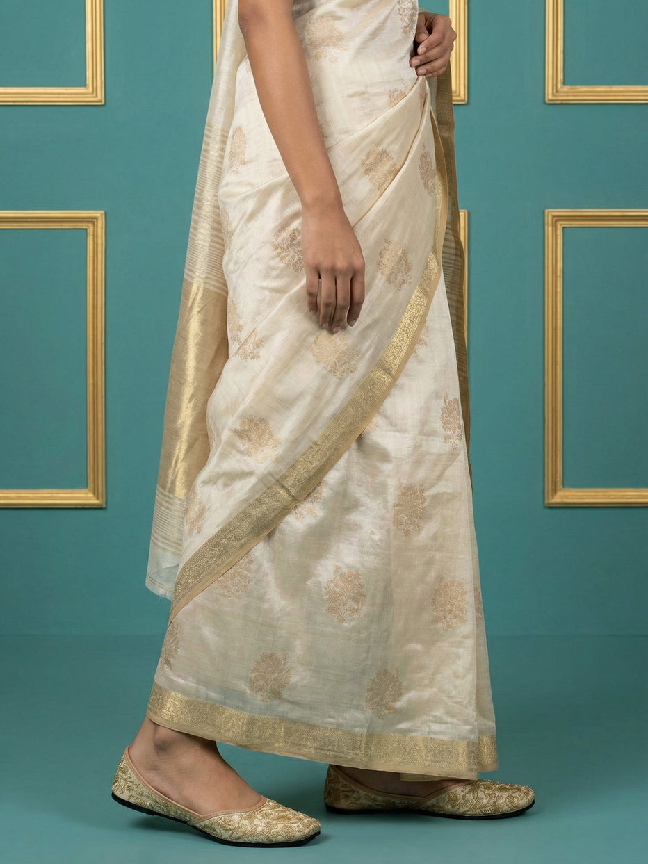 Chickoo Pure Tussar Silk Cross Stitch Embroidered Saree 
