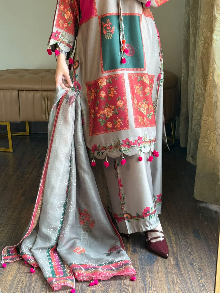 Grey Pure Soft Muslin Heavy Fancy Plazzo Pair With Dupatta Set 