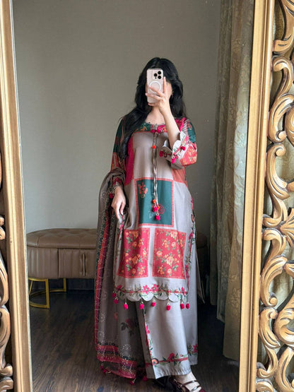 Grey Pure Soft Muslin Heavy Fancy Plazzo Pair With Dupatta Set 