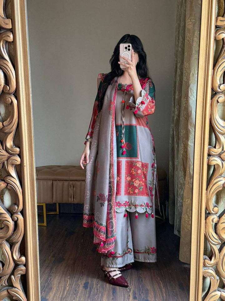 Grey Pure Soft Muslin Heavy Fancy Plazzo Pair With Dupatta Set ##color## Gharara Suit with premium fabric and embroidery