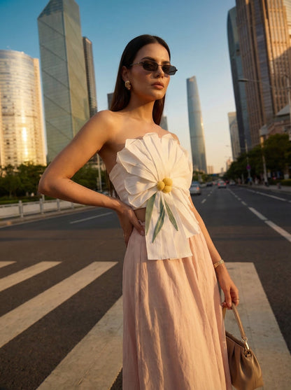 White Floral Tube Top Beige Linen Skirt Co-Ord Set 