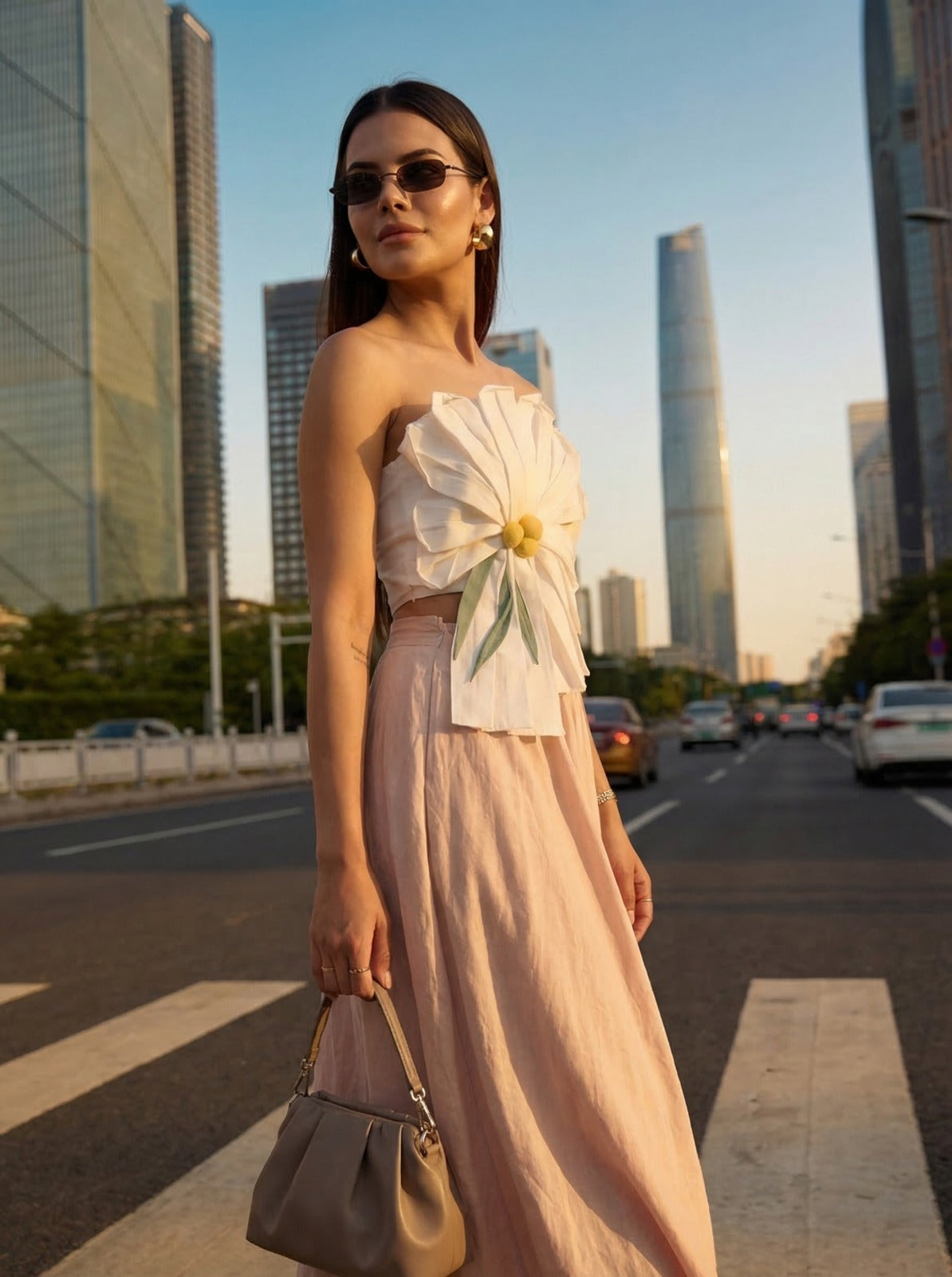 White Floral Tube Top Beige Linen Skirt Co-Ord Set 
