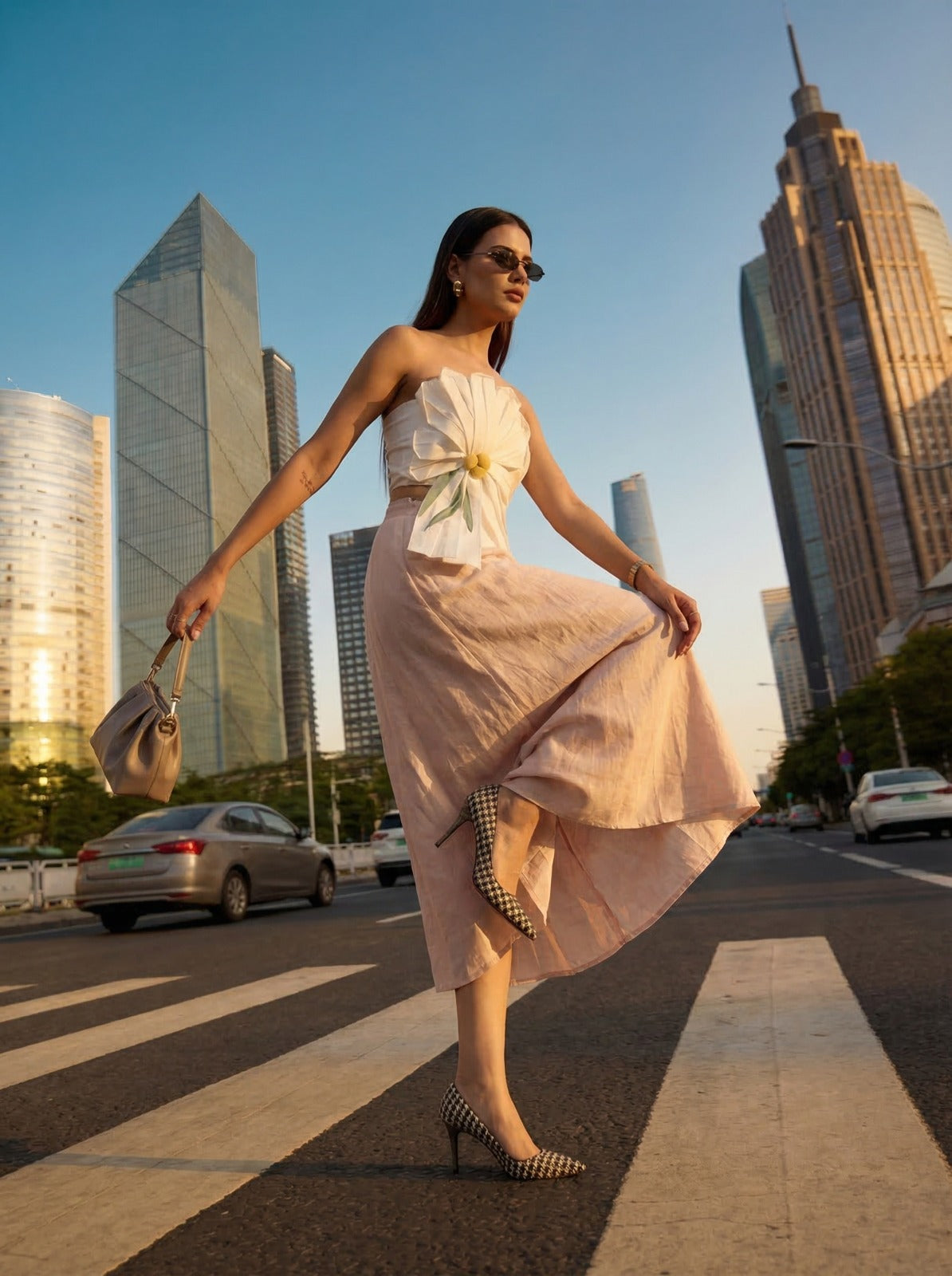 White Floral Tube Top Beige Linen Skirt Co-Ord Set 