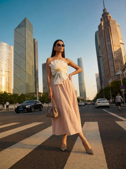 White Floral Tube Top Beige Linen Skirt Co-Ord Set 
