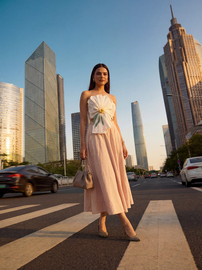 White Floral Tube Top Beige Linen Skirt Co-Ord Set 