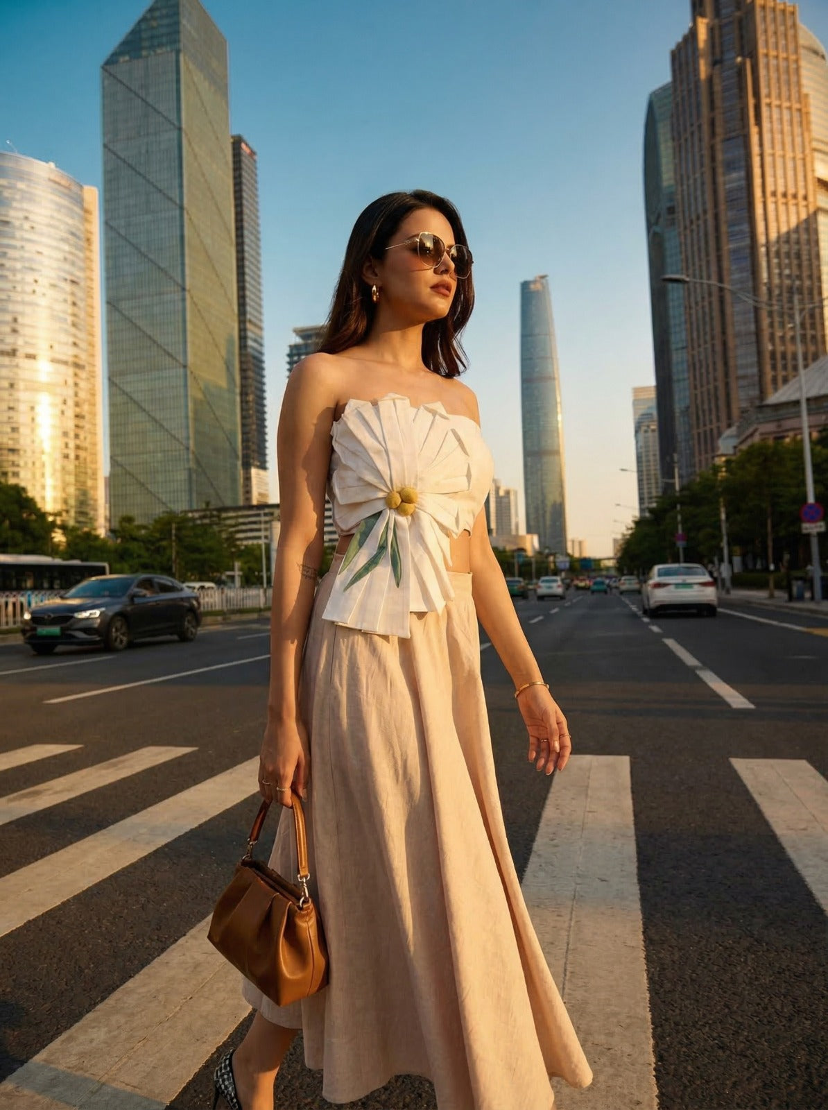 White Floral Tube Top Beige Linen Skirt Co-Ord Set 