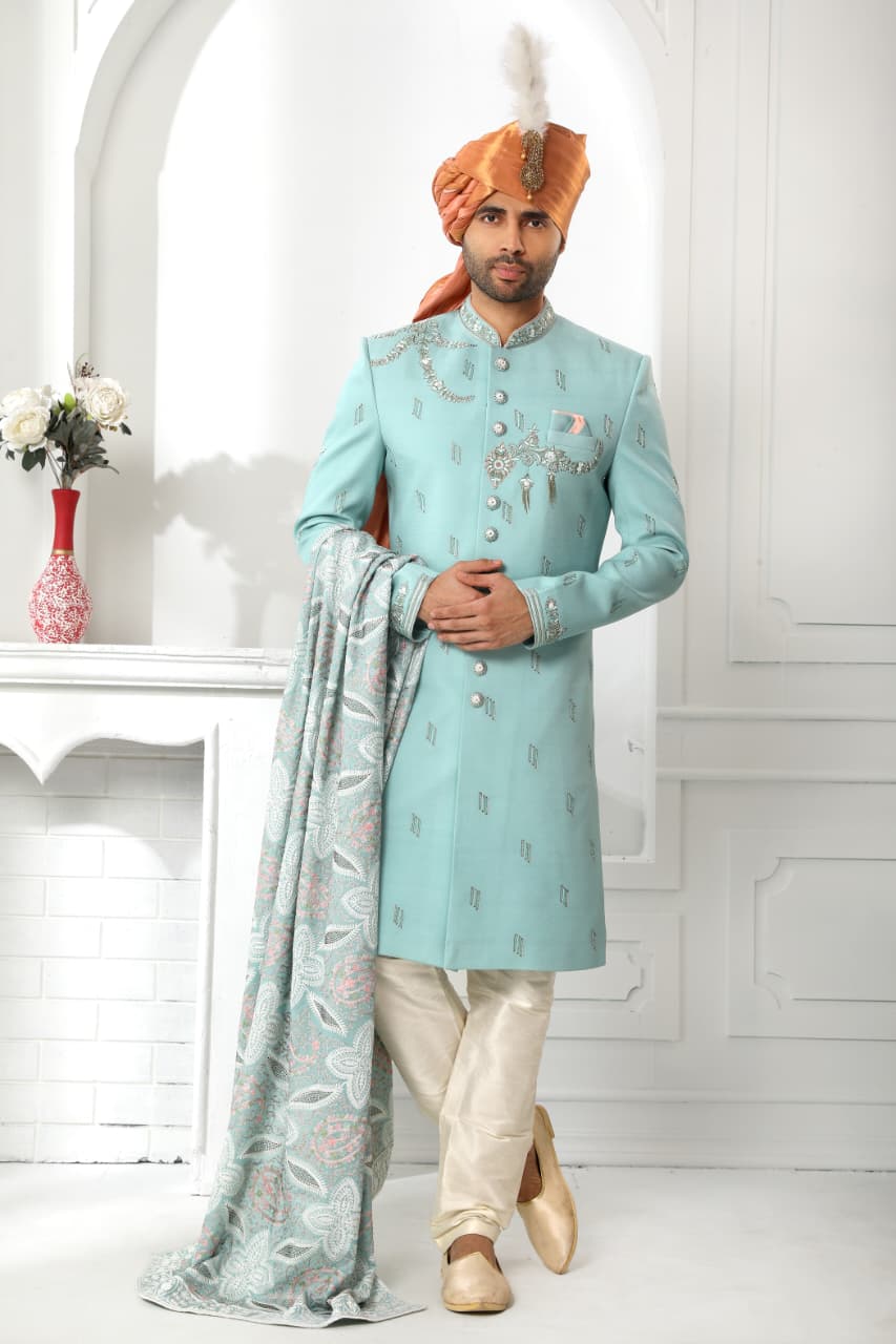 Teal Blue Art Silk Sherwani for Men with Dupatta