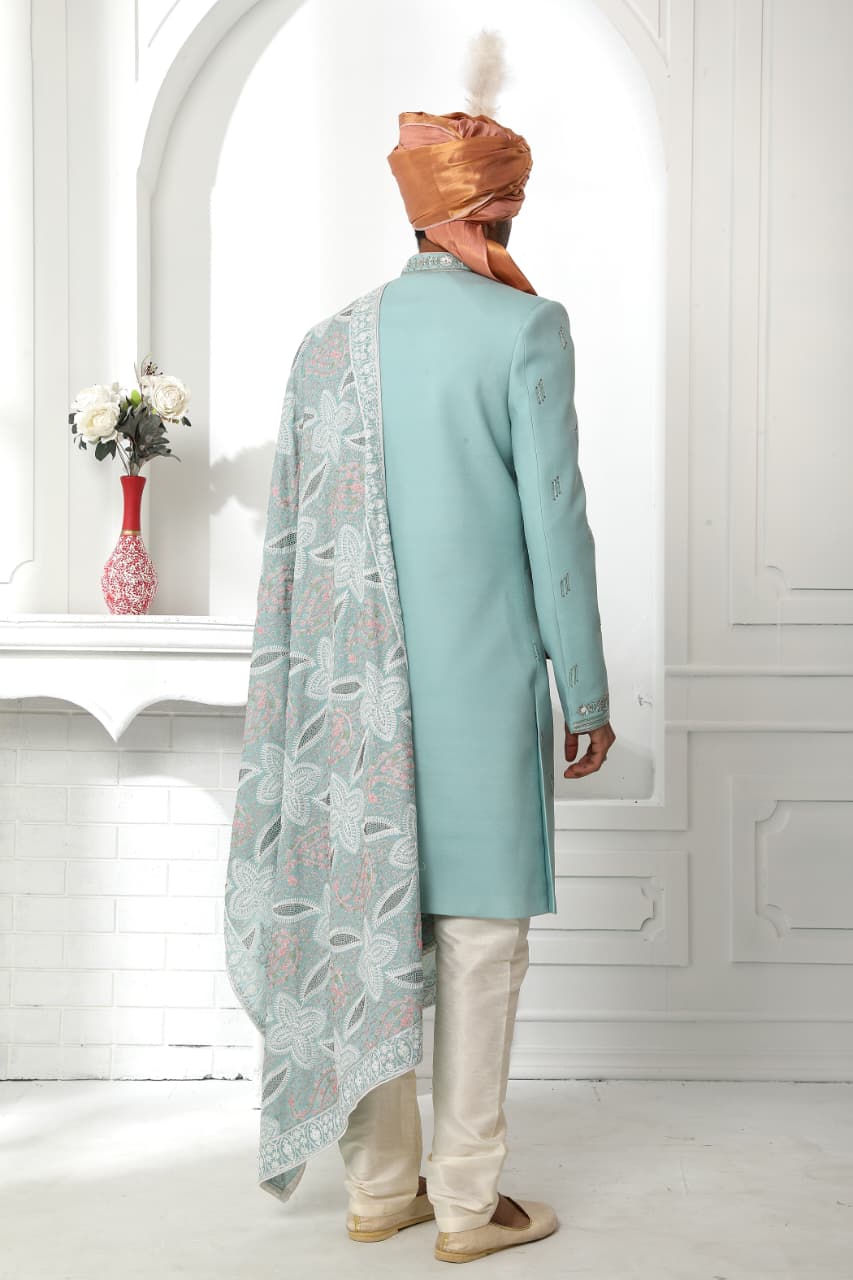 Teal Blue Art Silk Sherwani for Men with Dupatta