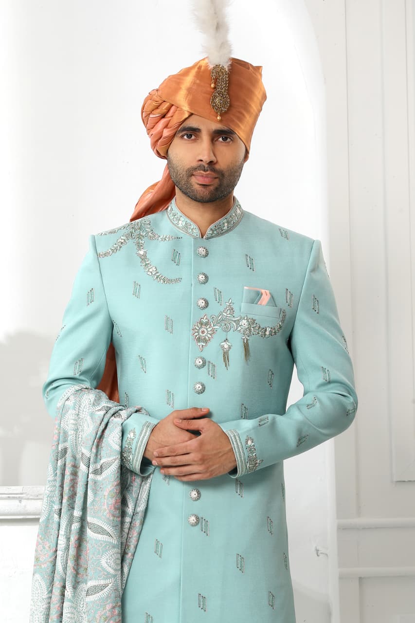 Teal Blue Art Silk Sherwani for Men with Dupatta