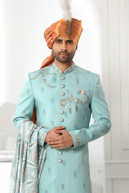 Teal Blue Art Silk Sherwani for Men with Dupatta