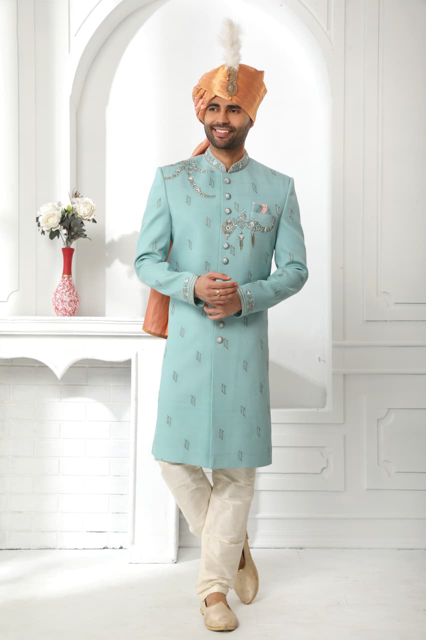 Teal Blue Art Silk Sherwani for Men with Dupatta