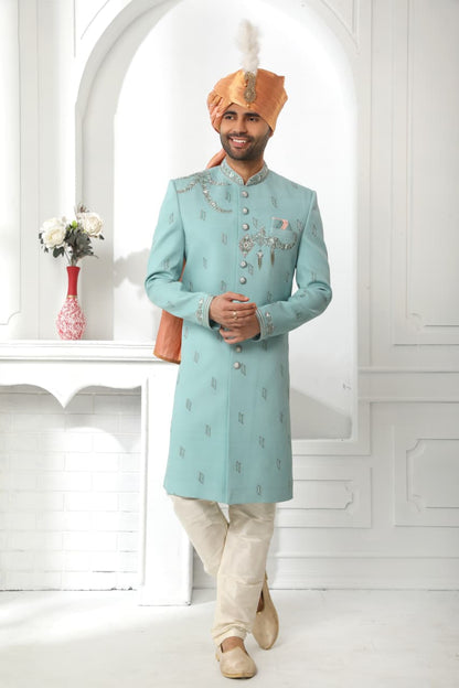 Teal Blue Art Silk Sherwani for Men with Dupatta