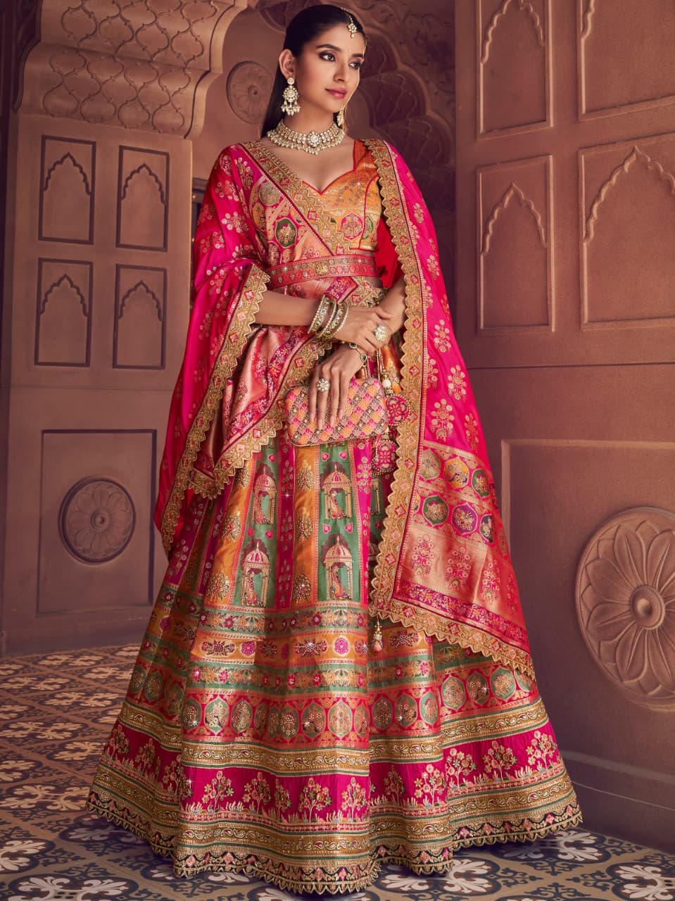 Pink &amp; Beige Banarasi Silk Lehenga Choli with Stone &amp; Zari Work