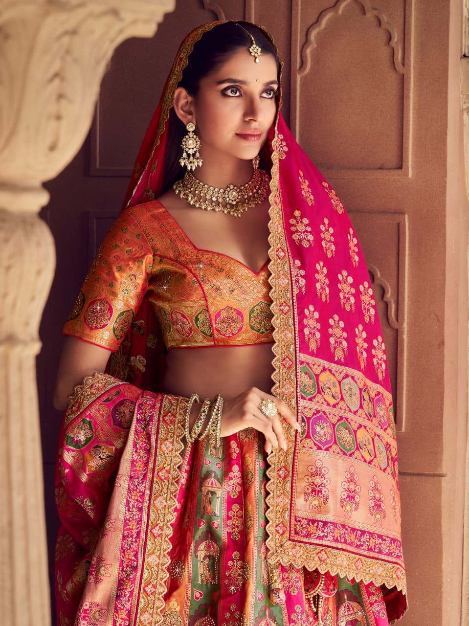 Pink &amp; Beige Banarasi Silk Lehenga Choli with Stone &amp; Zari Work