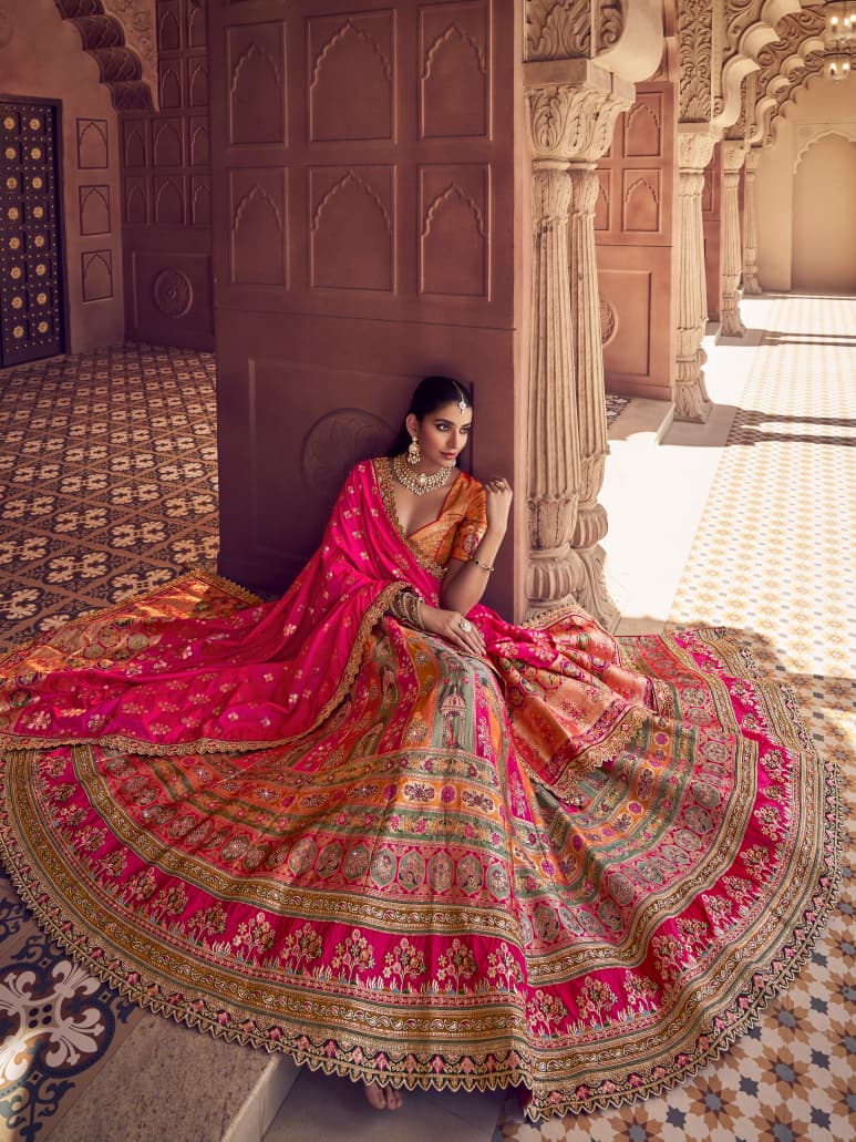 Pink &amp; Beige Banarasi Silk Lehenga Choli with Stone &amp; Zari Work