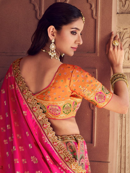 Pink &amp; Beige Banarasi Silk Lehenga Choli with Stone &amp; Zari Work