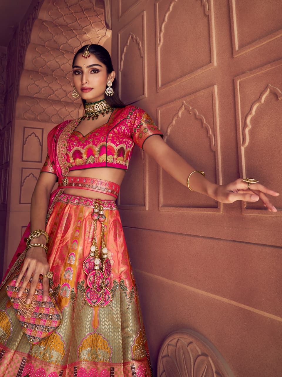 Pink &amp; Grey Banarasi Silk Lehenga Choli with Embroidery Work