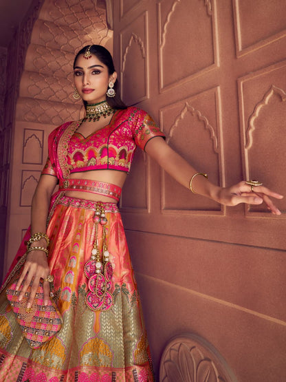 Pink &amp; Grey Banarasi Silk Lehenga Choli with Embroidery Work