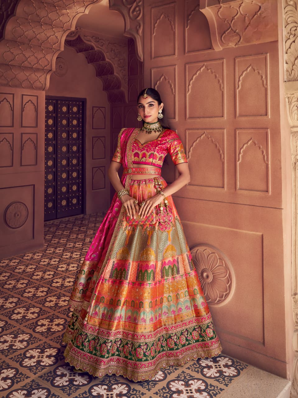 Pink &amp; Grey Banarasi Silk Lehenga Choli with Embroidery Work
