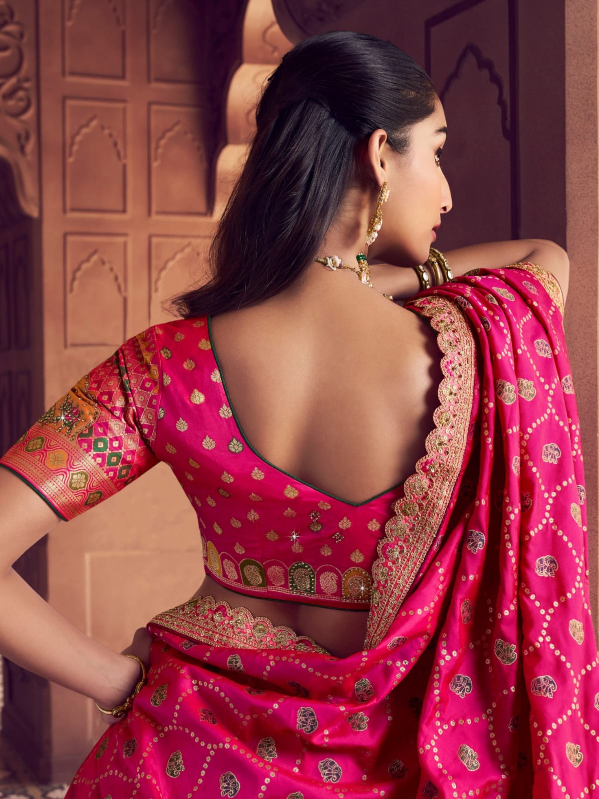 Pink &amp; Grey Banarasi Silk Lehenga Choli with Embroidery Work