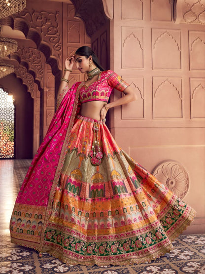 Pink &amp; Grey Banarasi Silk Lehenga Choli with Embroidery Work