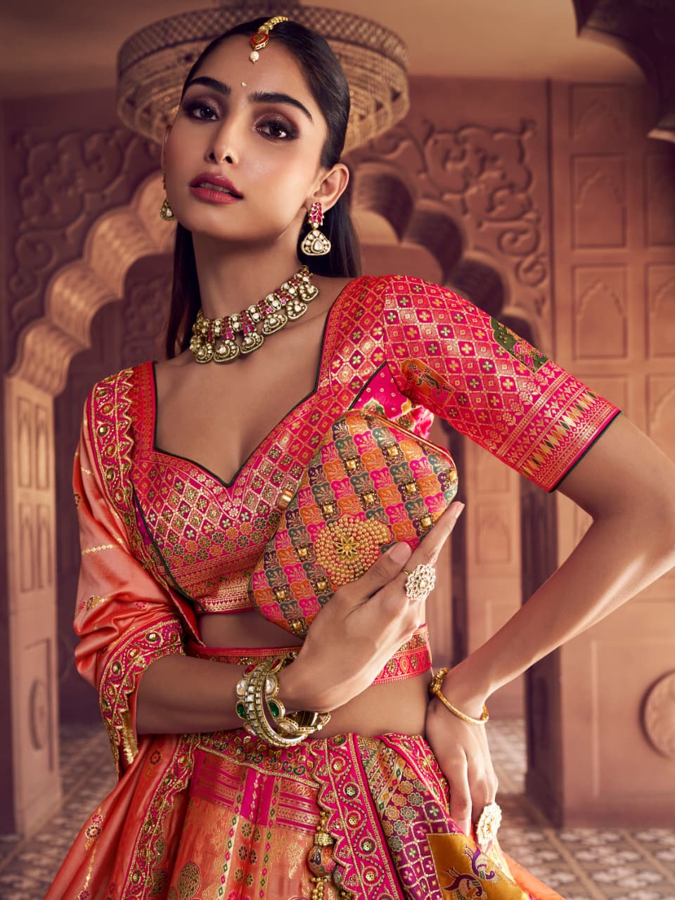Peach &amp; Pink Banarasi Premium Silk Lehenga Choli