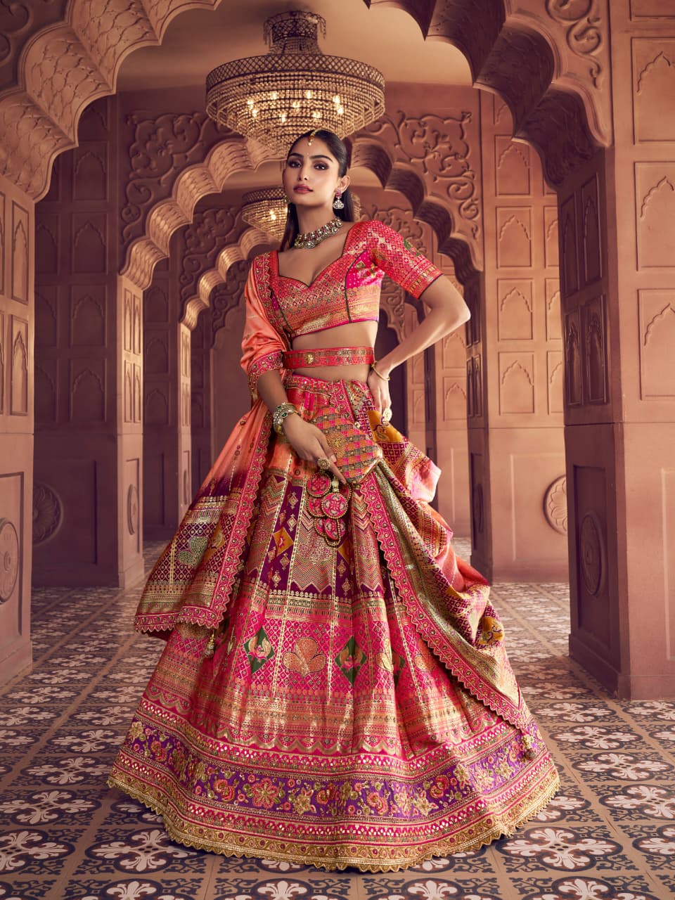 Peach &amp; Pink Banarasi Premium Silk Lehenga Choli