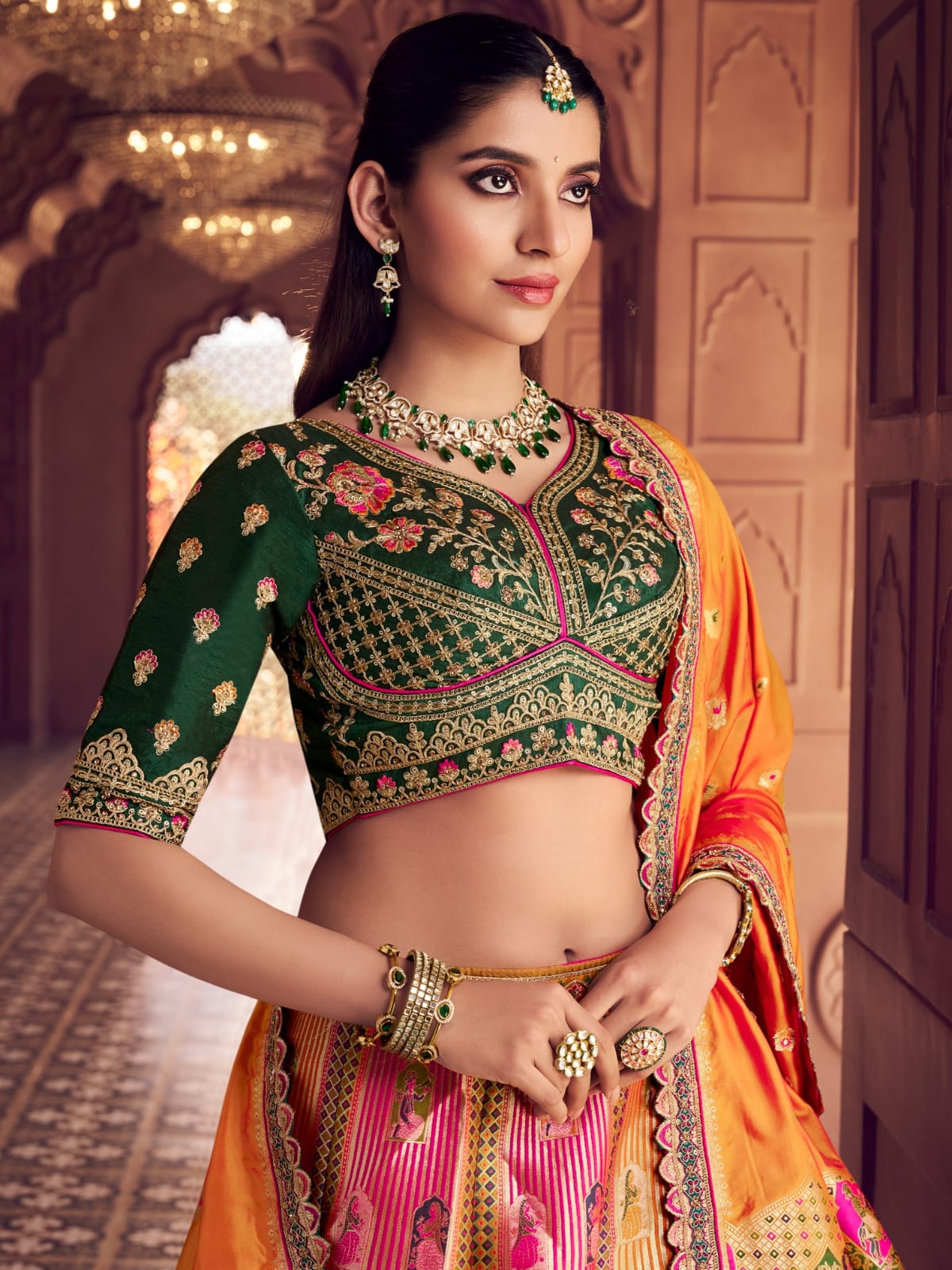 Orange Green Banarasi Silk Lehenga Choli