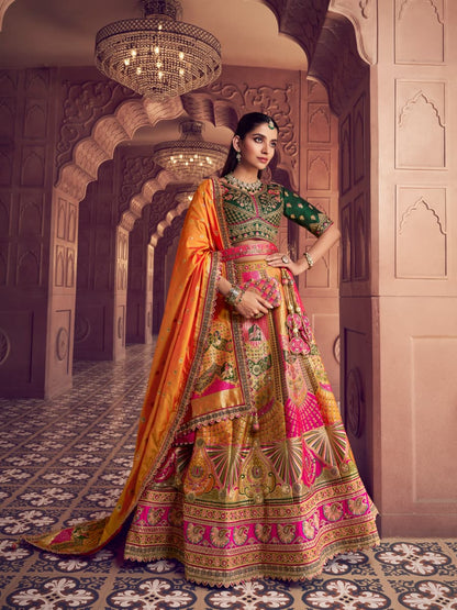 Orange Green Banarasi Silk Lehenga Choli