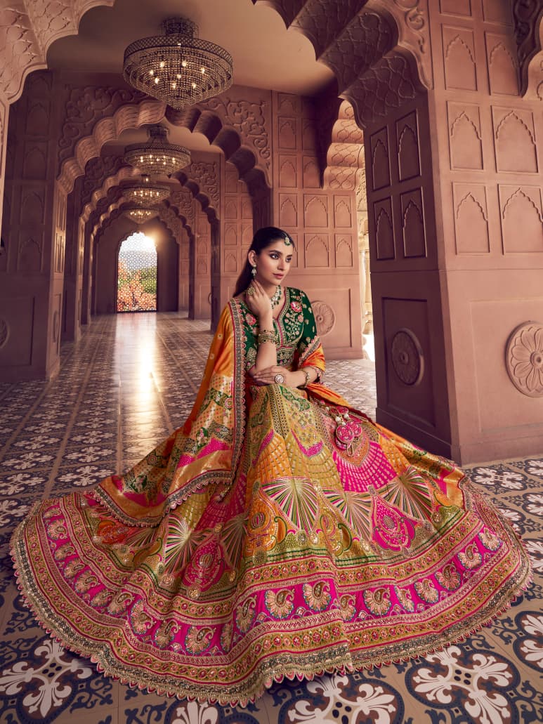Orange Green Banarasi Silk Lehenga Choli