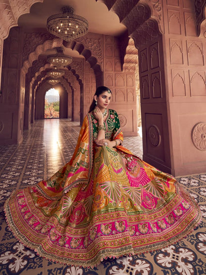 Orange Green Banarasi Silk Lehenga Choli