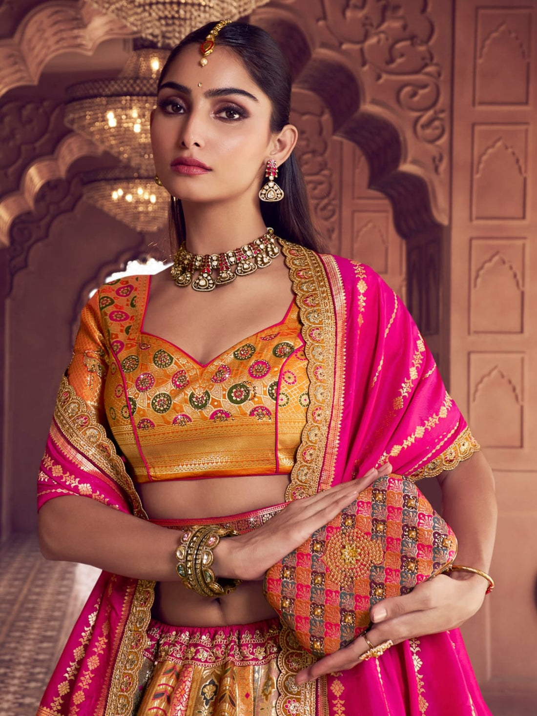 Pink &amp; Mustard Banarasi Silk Lehenga Choli