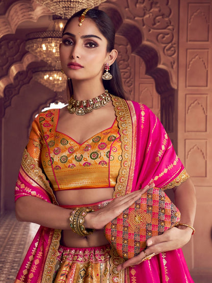 Pink &amp; Mustard Banarasi Silk Lehenga Choli