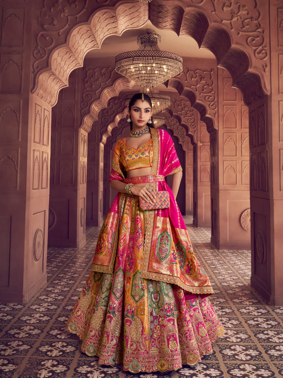 Pink &amp; Mustard Banarasi Silk Lehenga Choli