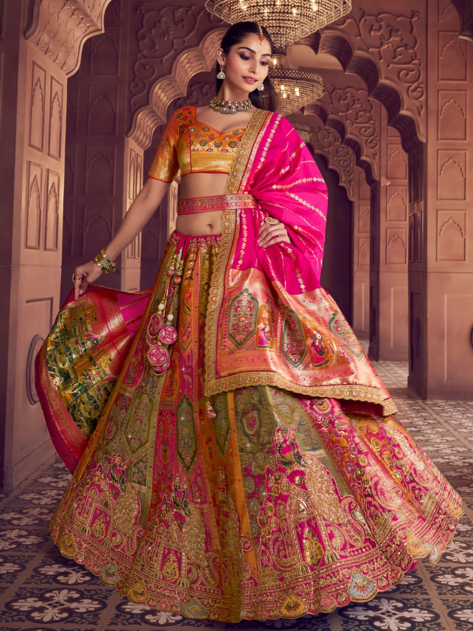 Pink &amp; Mustard Banarasi Silk Lehenga Choli