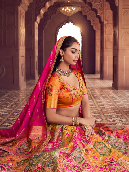 Pink &amp; Mustard Banarasi Silk Lehenga Choli