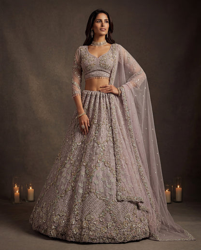 Lilac Pure Soft Heavy Double Net Crafted Fancy Chapat Zari Work Bridal Lehenga Choli