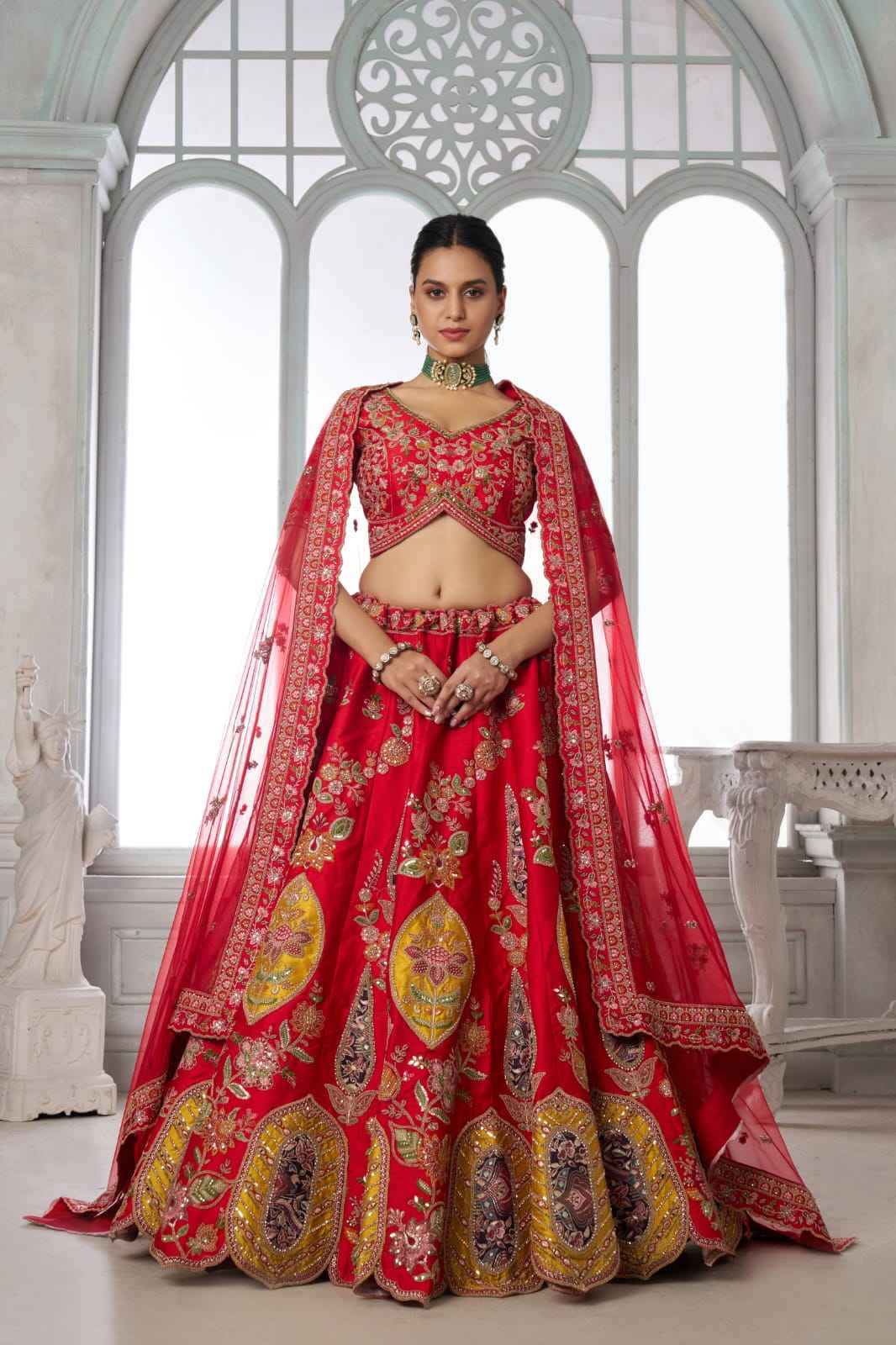 Red Bridal Lehenga Choli with Multicolor Royal Patchwork Embroidery