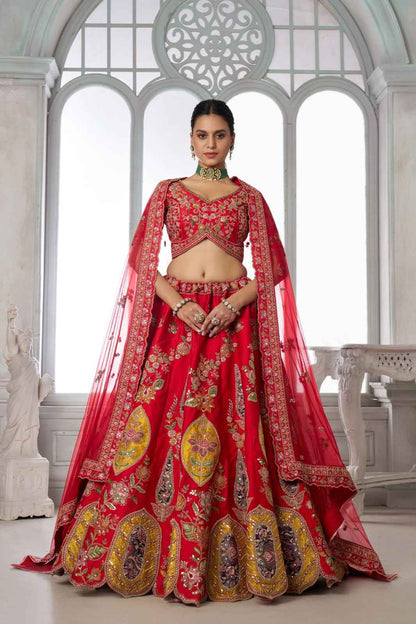 Red Bridal Lehenga Choli with Multicolor Royal Patchwork Embroidery