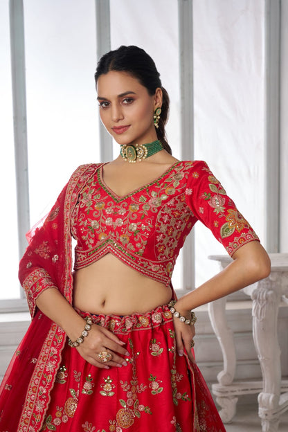 Red Bridal Lehenga Choli with Multicolor Royal Patchwork Embroidery