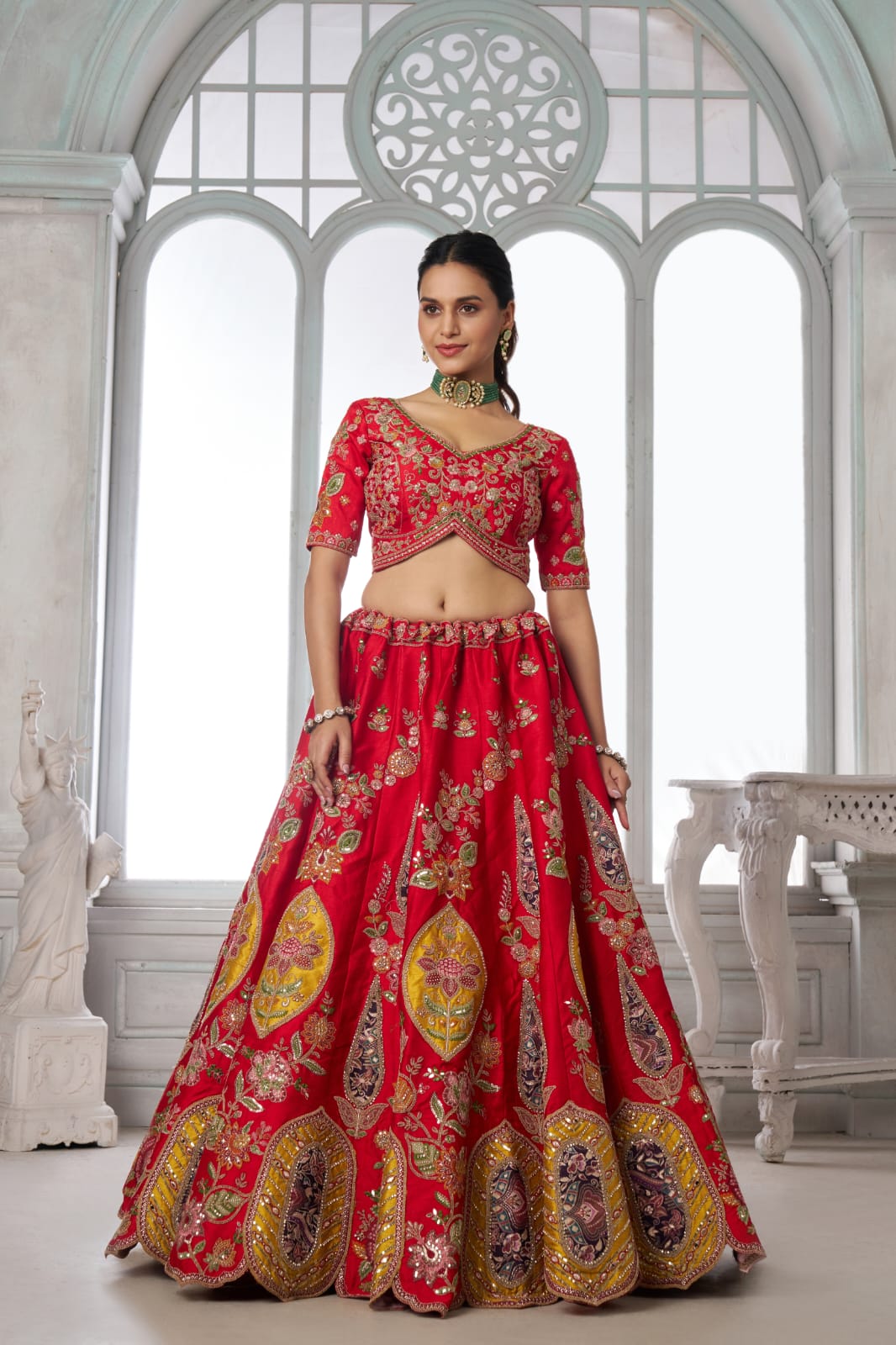 Red Bridal Lehenga Choli with Multicolor Royal Patchwork Embroidery