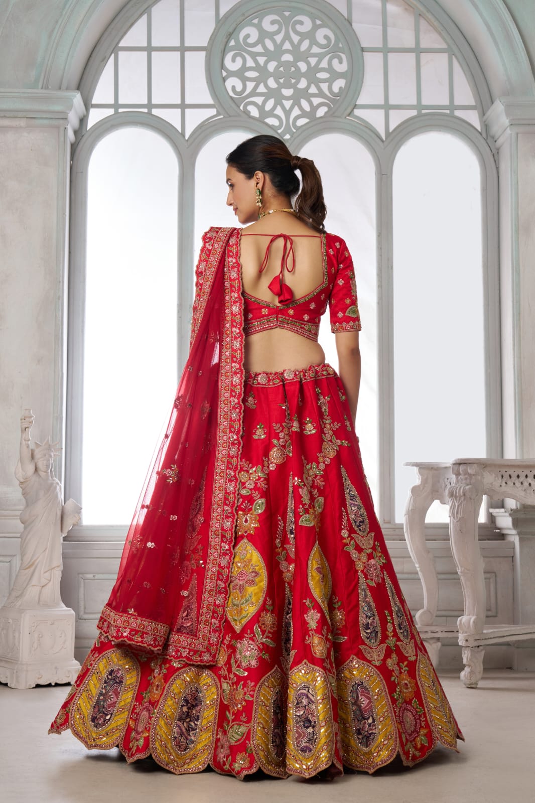 Red Bridal Lehenga Choli with Multicolor Royal Patchwork Embroidery