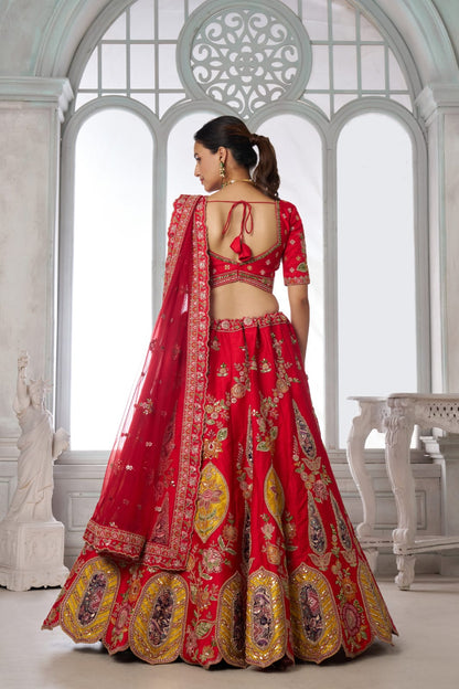 Red Bridal Lehenga Choli with Multicolor Royal Patchwork Embroidery