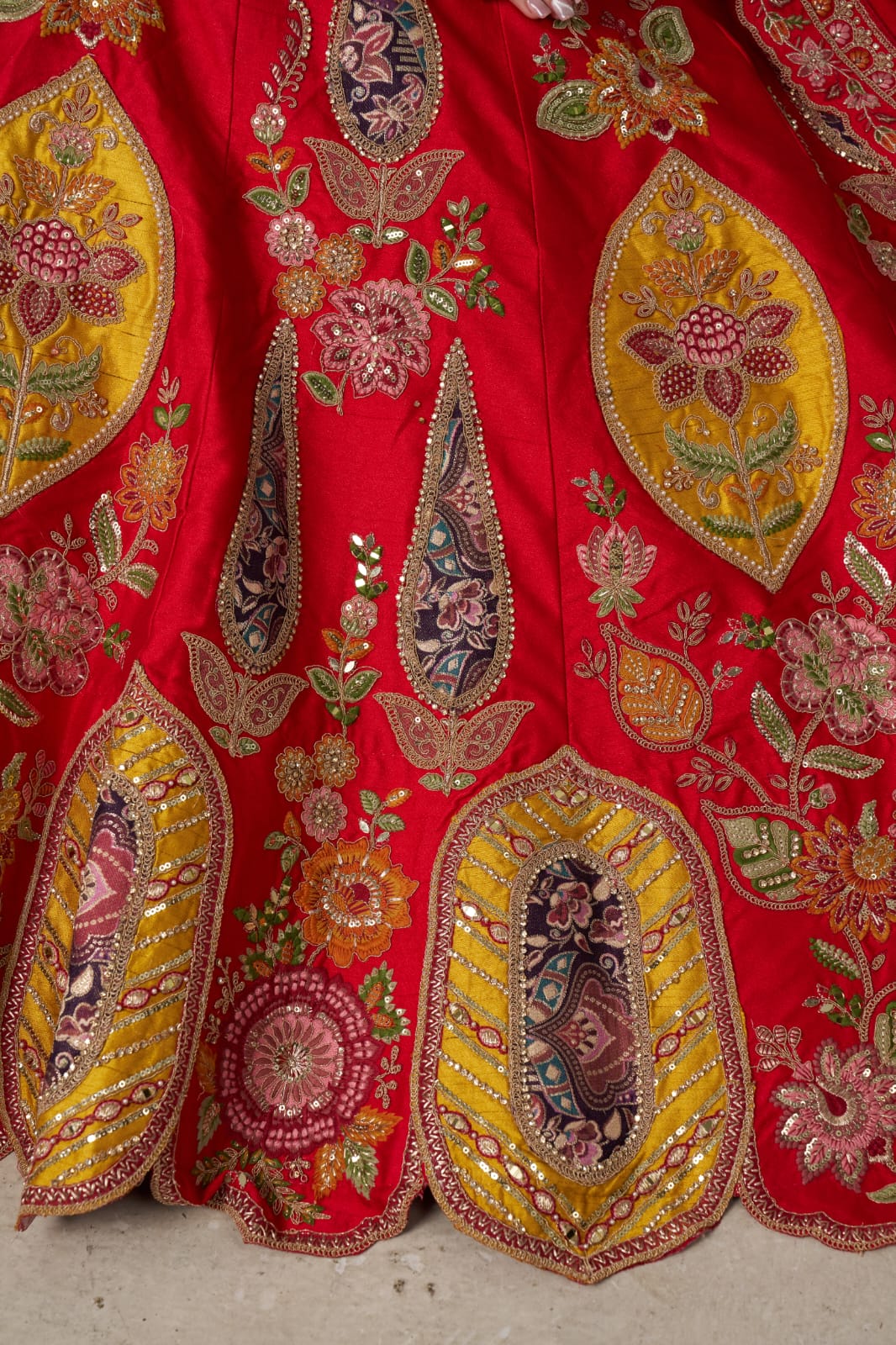 Red Bridal Lehenga Choli with Multicolor Royal Patchwork Embroidery
